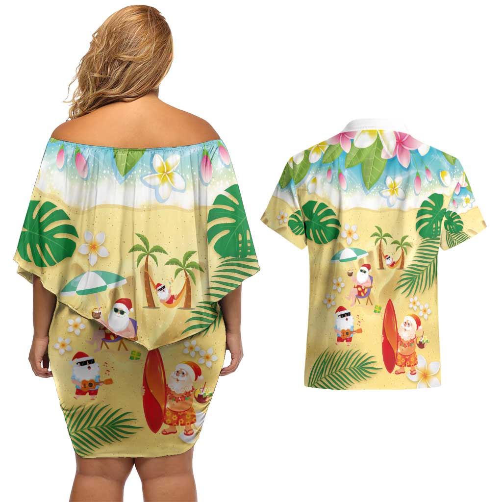 Hawaiian Mele Kalikimaka Couples Matching Off Shoulder Short Dress and Hawaiian Shirt Tropical Plumeria and Lei Funny Santa Beach - Polynesian Pride