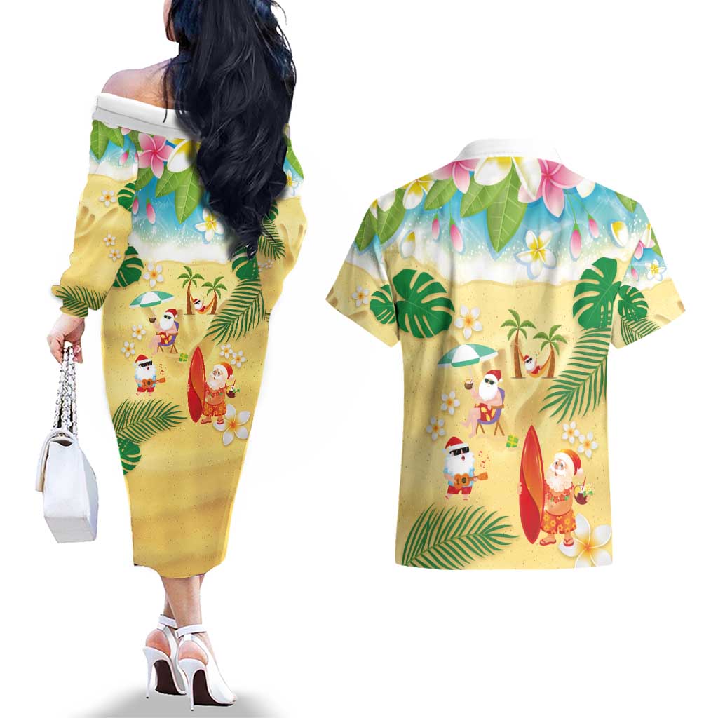 Hawaiian Mele Kalikimaka Couples Matching Off The Shoulder Long Sleeve Dress and Hawaiian Shirt Tropical Plumeria and Lei Funny Santa Beach - Polynesian Pride