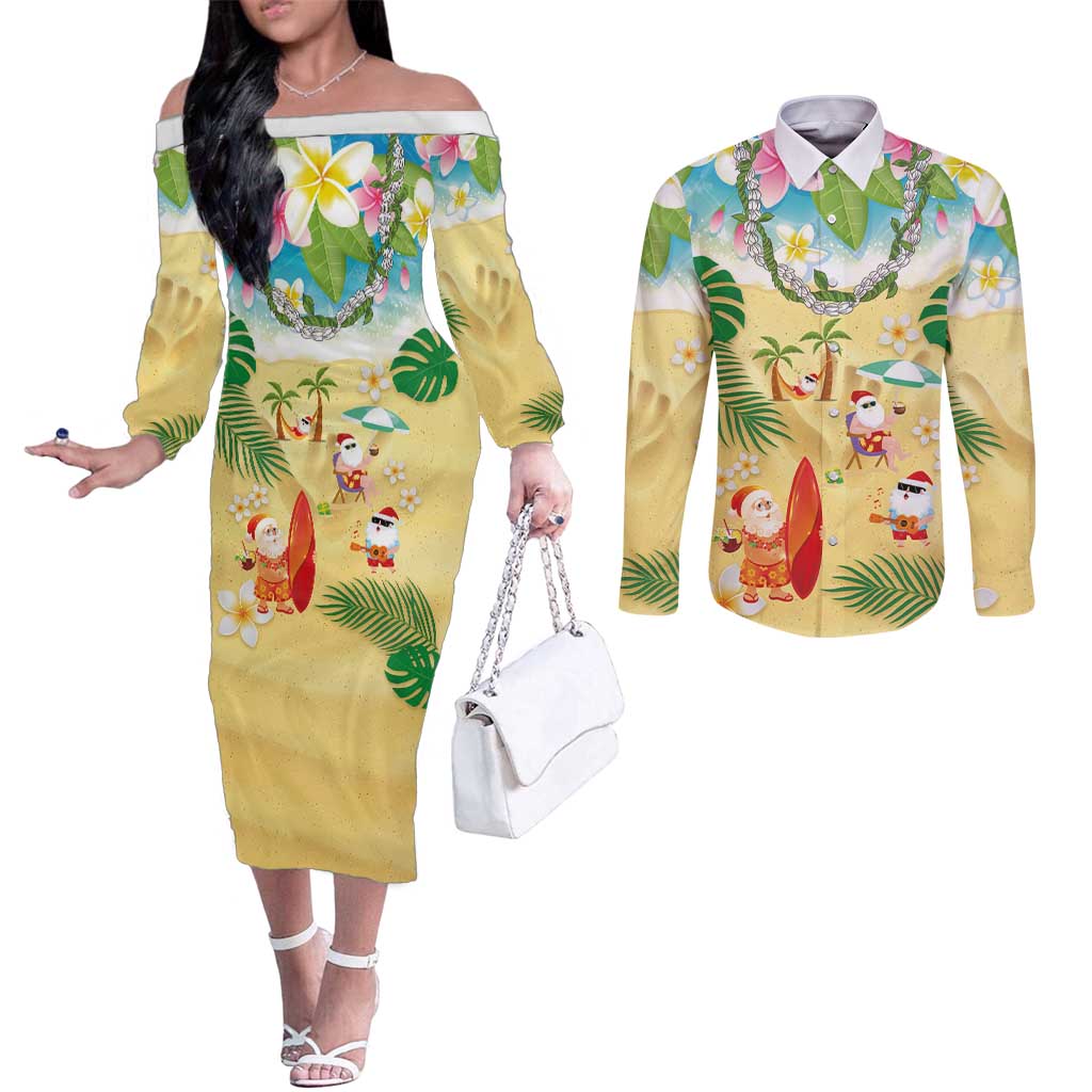 Hawaiian Mele Kalikimaka Couples Matching Off The Shoulder Long Sleeve Dress and Long Sleeve Button Shirt Tropical Plumeria and Lei Funny Santa Beach - Polynesian Pride