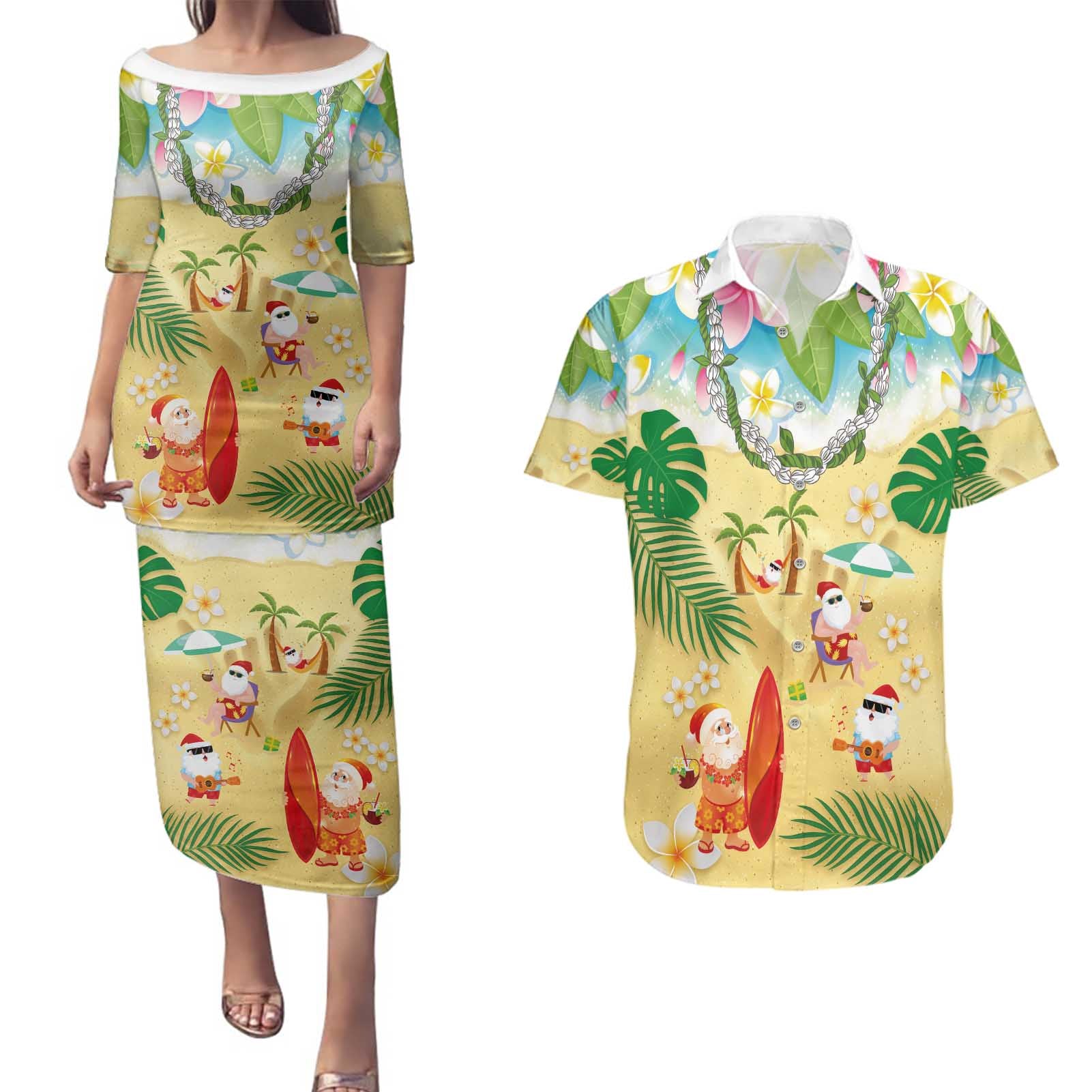 Hawaiian Mele Kalikimaka Couples Matching Puletasi and Hawaiian Shirt Tropical Plumeria and Lei Funny Santa Beach - Polynesian Pride