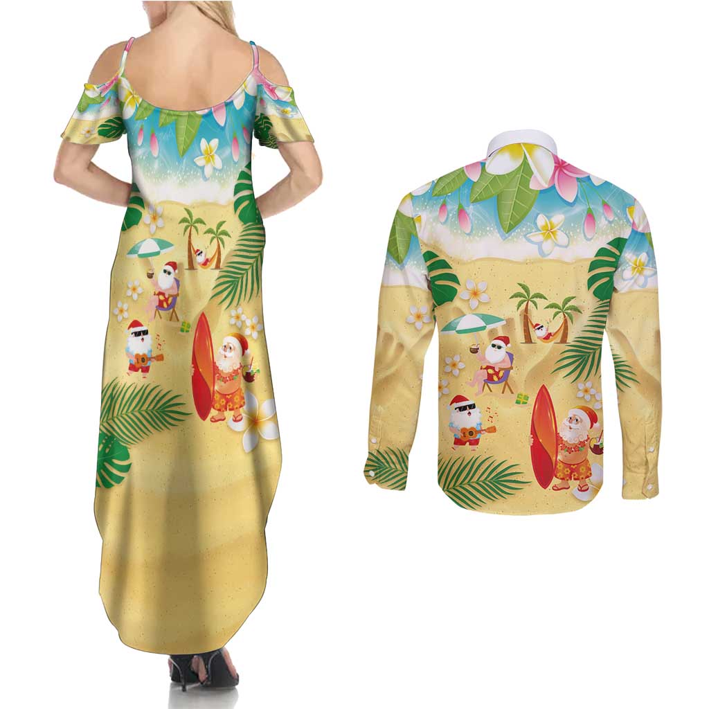 Hawaiian Mele Kalikimaka Couples Matching Summer Maxi Dress and Long Sleeve Button Shirt Tropical Plumeria and Lei Funny Santa Beach - Polynesian Pride