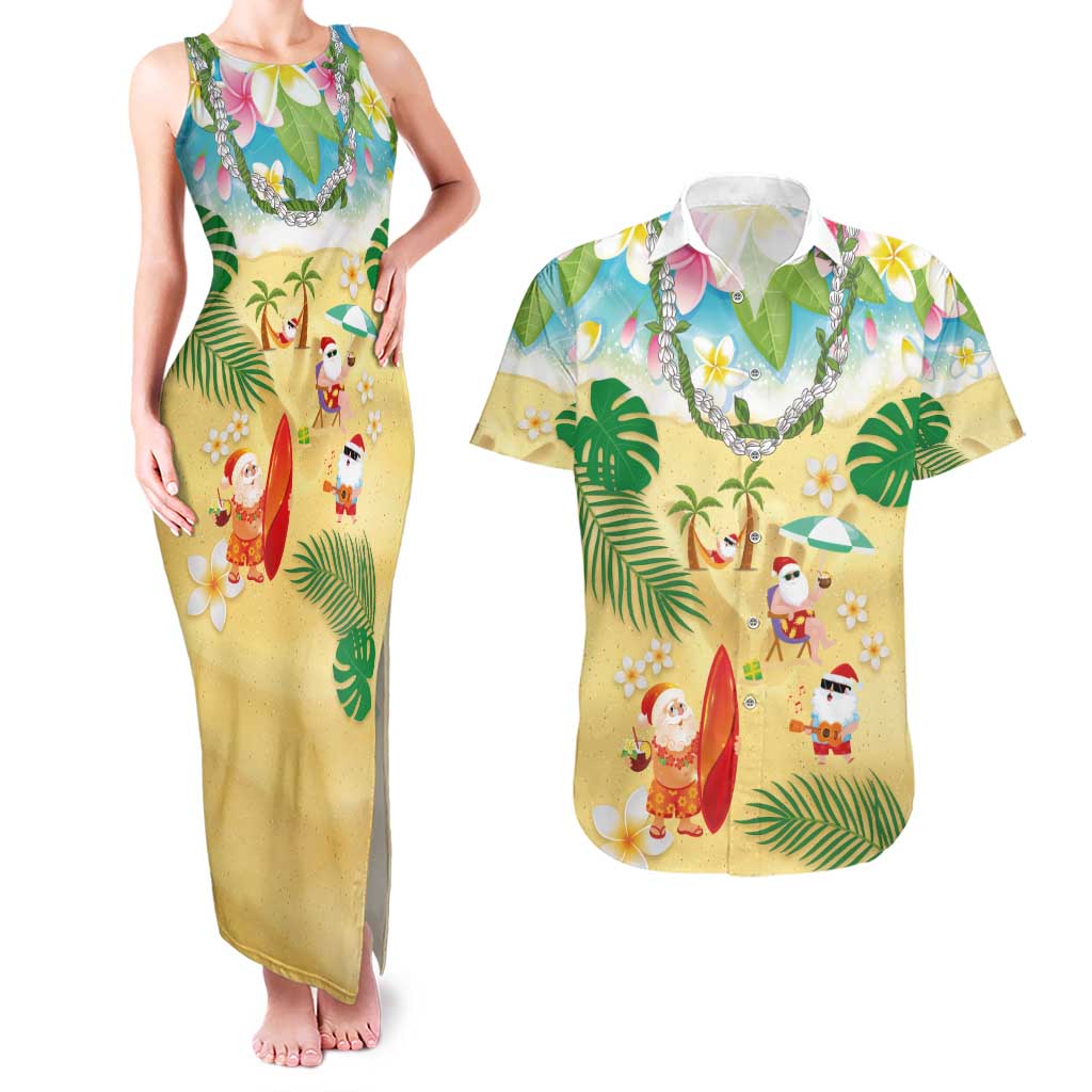 Hawaiian Mele Kalikimaka Couples Matching Tank Maxi Dress and Hawaiian Shirt Tropical Plumeria and Lei Funny Santa Beach - Polynesian Pride