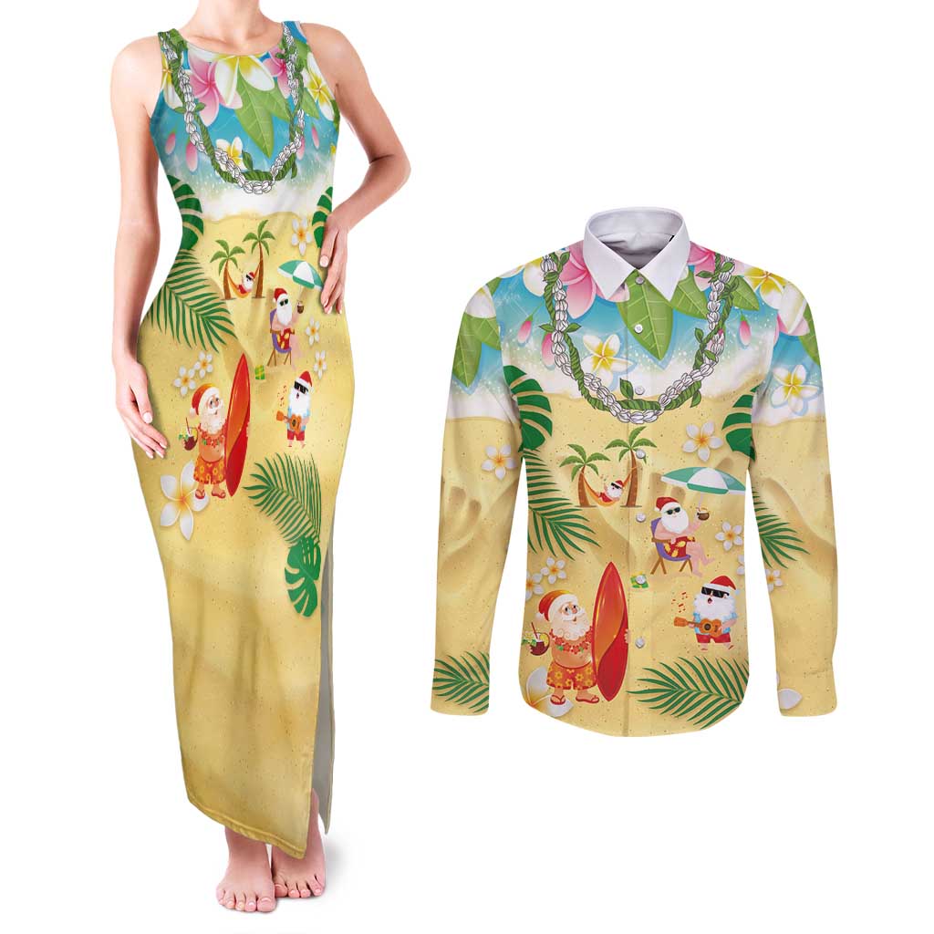 Hawaiian Mele Kalikimaka Couples Matching Tank Maxi Dress and Long Sleeve Button Shirt Tropical Plumeria and Lei Funny Santa Beach - Polynesian Pride
