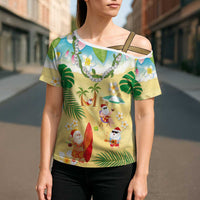 Hawaiian Mele Kalikimaka Cross Shoulder Shirt Tropical Plumeria and Lei Funny Santa Beach - Polynesian Pride
