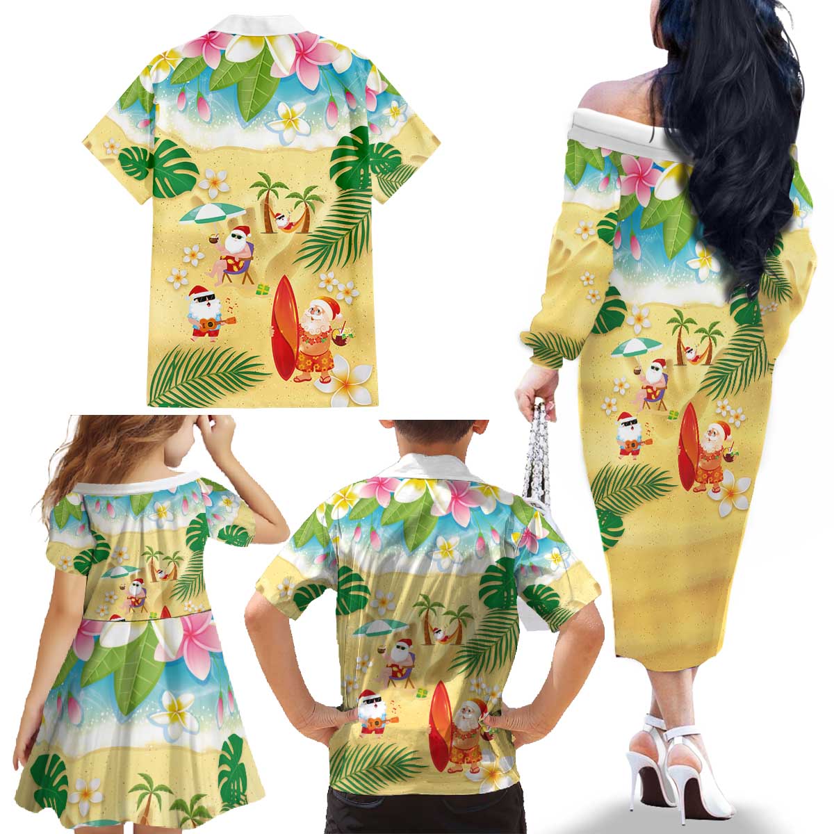 Hawaiian Mele Kalikimaka Family Matching Off The Shoulder Long Sleeve Dress and Hawaiian Shirt Tropical Plumeria and Lei Funny Santa Beach - Polynesian Pride