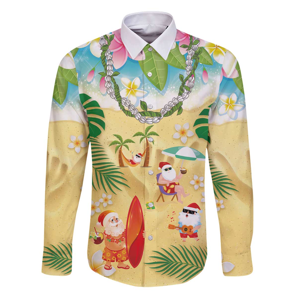 Hawaiian Mele Kalikimaka Family Matching Off The Shoulder Long Sleeve Dress and Hawaiian Shirt Tropical Plumeria and Lei Funny Santa Beach - Polynesian Pride