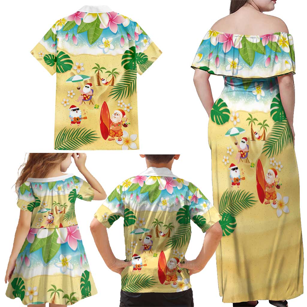Hawaiian Mele Kalikimaka Family Matching Off Shoulder Maxi Dress and Hawaiian Shirt Tropical Plumeria and Lei Funny Santa Beach - Polynesian Pride