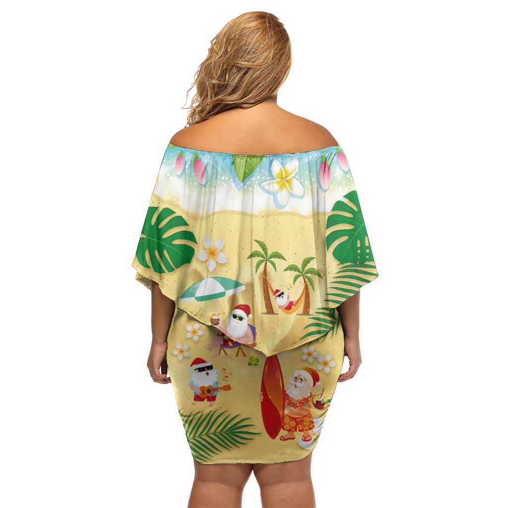 Hawaiian Mele Kalikimaka Family Matching Off Shoulder Short Dress and Hawaiian Shirt Tropical Plumeria and Lei Funny Santa Beach - Polynesian Pride