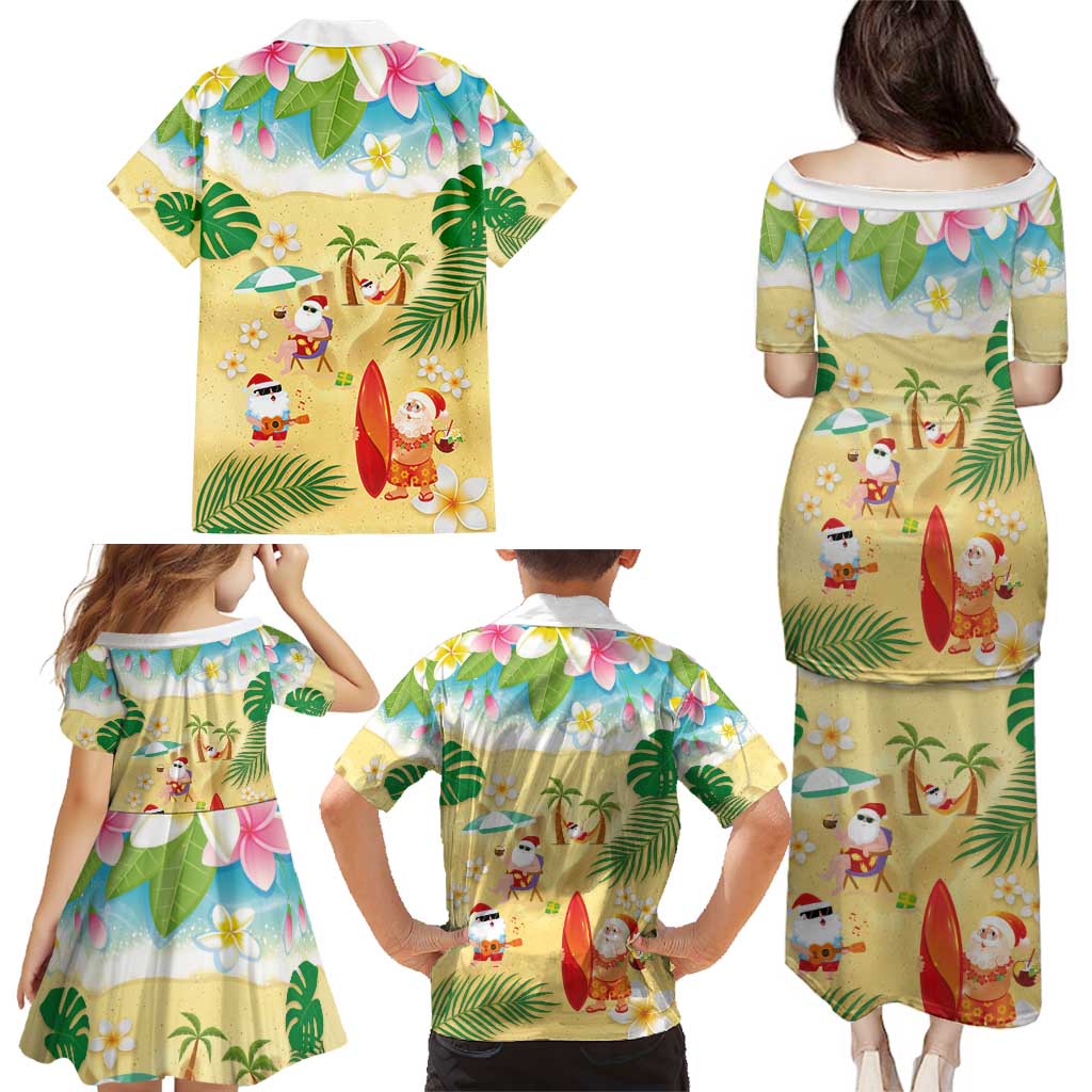 Hawaiian Mele Kalikimaka Family Matching Puletasi and Hawaiian Shirt Tropical Plumeria and Lei Funny Santa Beach - Polynesian Pride