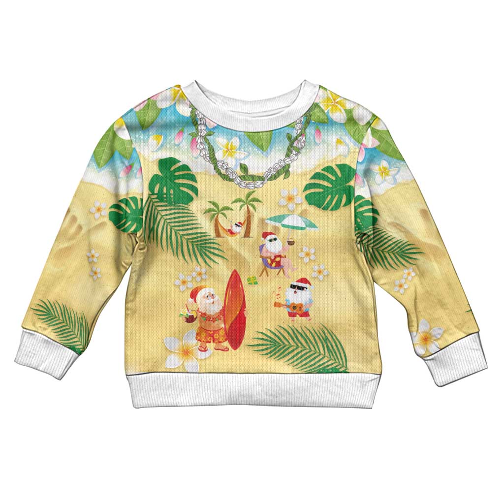 Hawaiian Mele Kalikimaka Kid Ugly Christmas Sweater Funny Santa Claus on Beach with Tropical Plants and Lei - Polynesian Pride
