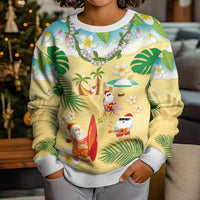 Hawaiian Mele Kalikimaka Kid Ugly Christmas Sweater Funny Santa Claus on Beach with Tropical Plants and Lei - Polynesian Pride
