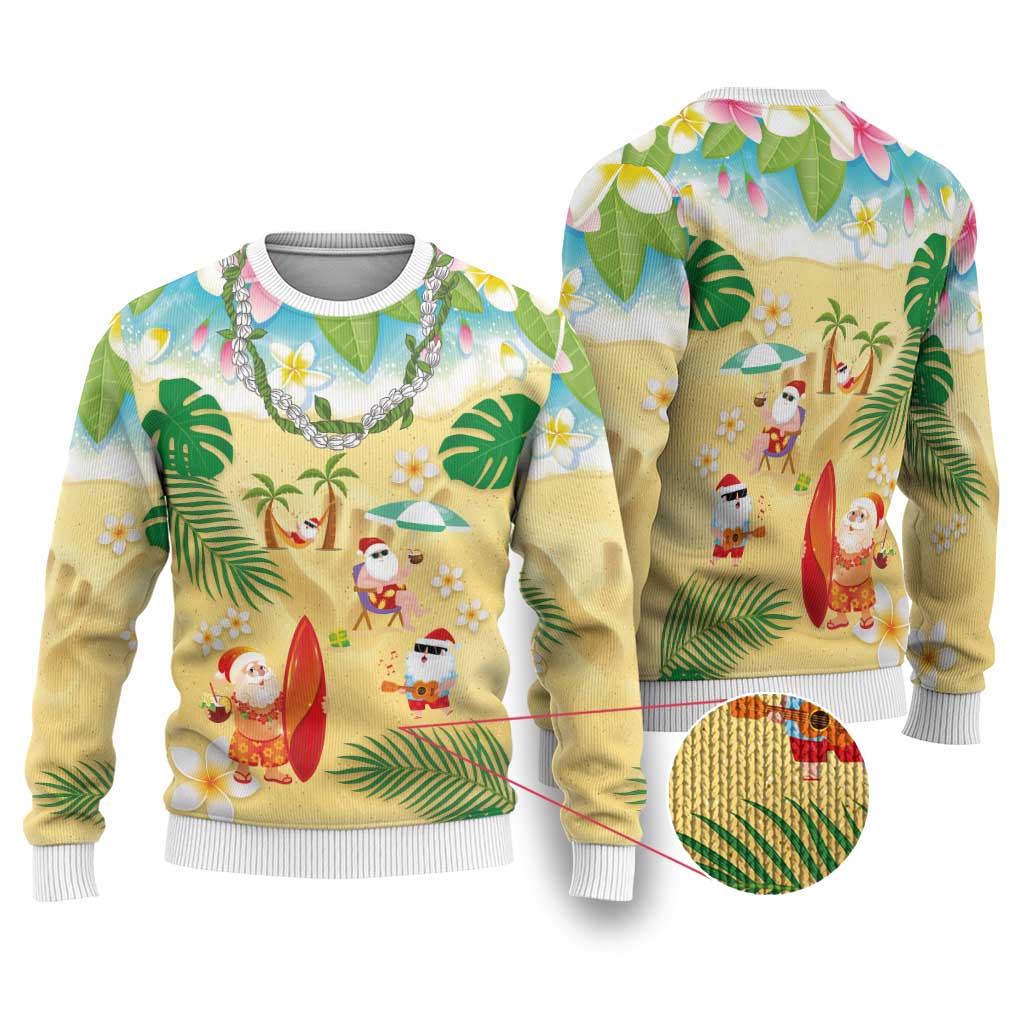 Hawaiian Mele Kalikimaka Ugly Christmas Sweater Funny Santa Claus on Beach with Tropical Plants and Lei - Polynesian Pride