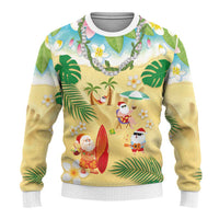Hawaiian Mele Kalikimaka Ugly Christmas Sweater Funny Santa Claus on Beach with Tropical Plants and Lei - Polynesian Pride