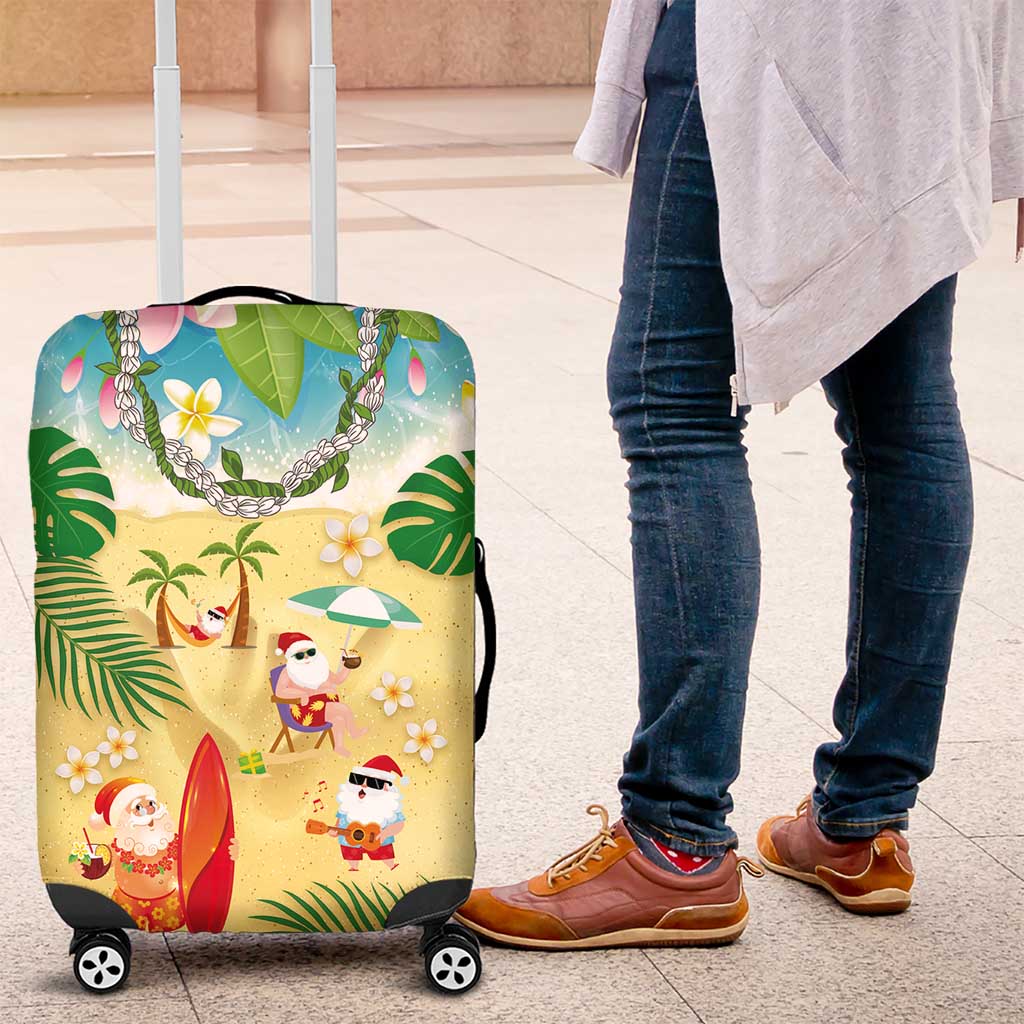 Hawaiian Mele Kalikimaka Luggage Cover Tropical Plumeria and Lei Funny Santa Beach - Polynesian Pride