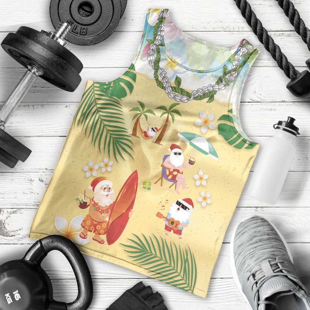 Hawaiian Mele Kalikimaka Men Tank Top Tropical Plumeria and Lei Funny Santa Beach - Polynesian Pride