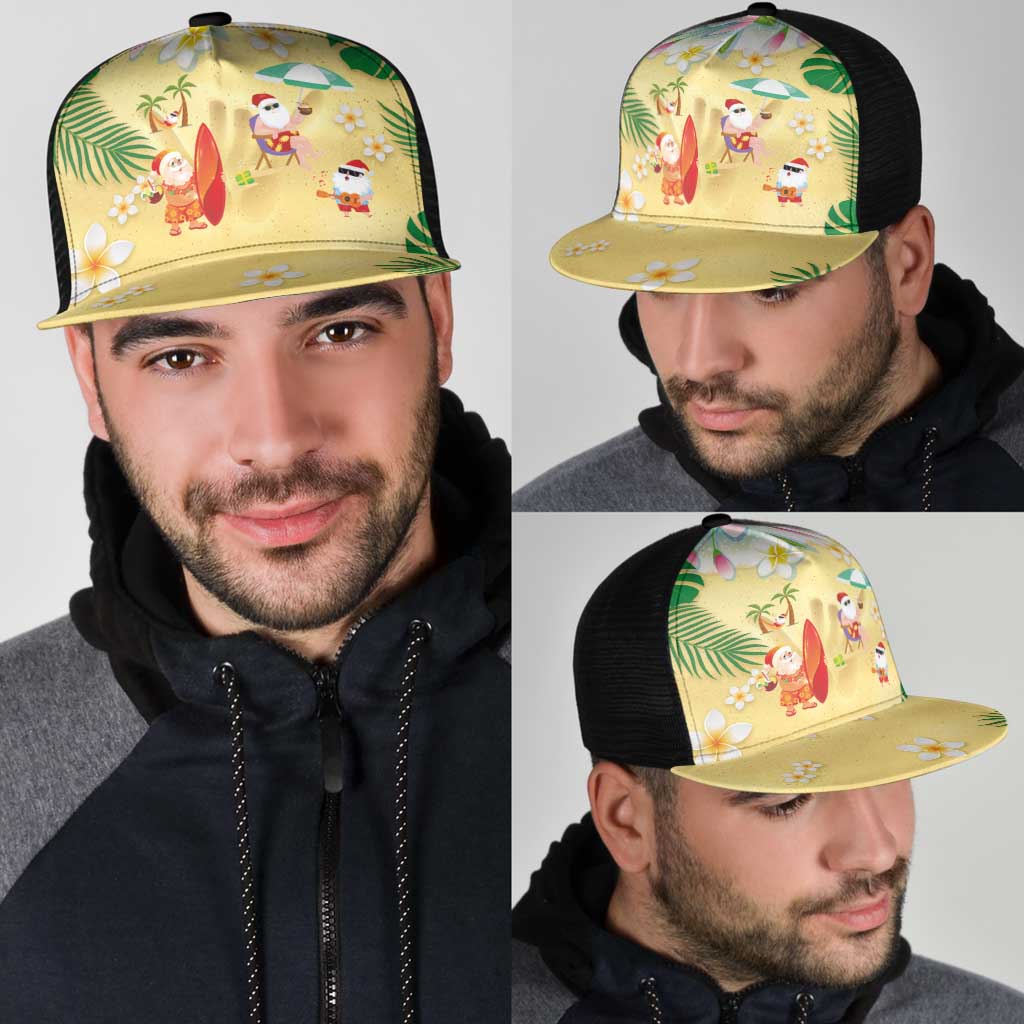 Hawaiian Mele Kalikimaka Mesh Trucker Cap Funny Santa Claus on Beach with Tropical Plants and Lei - Polynesian Pride