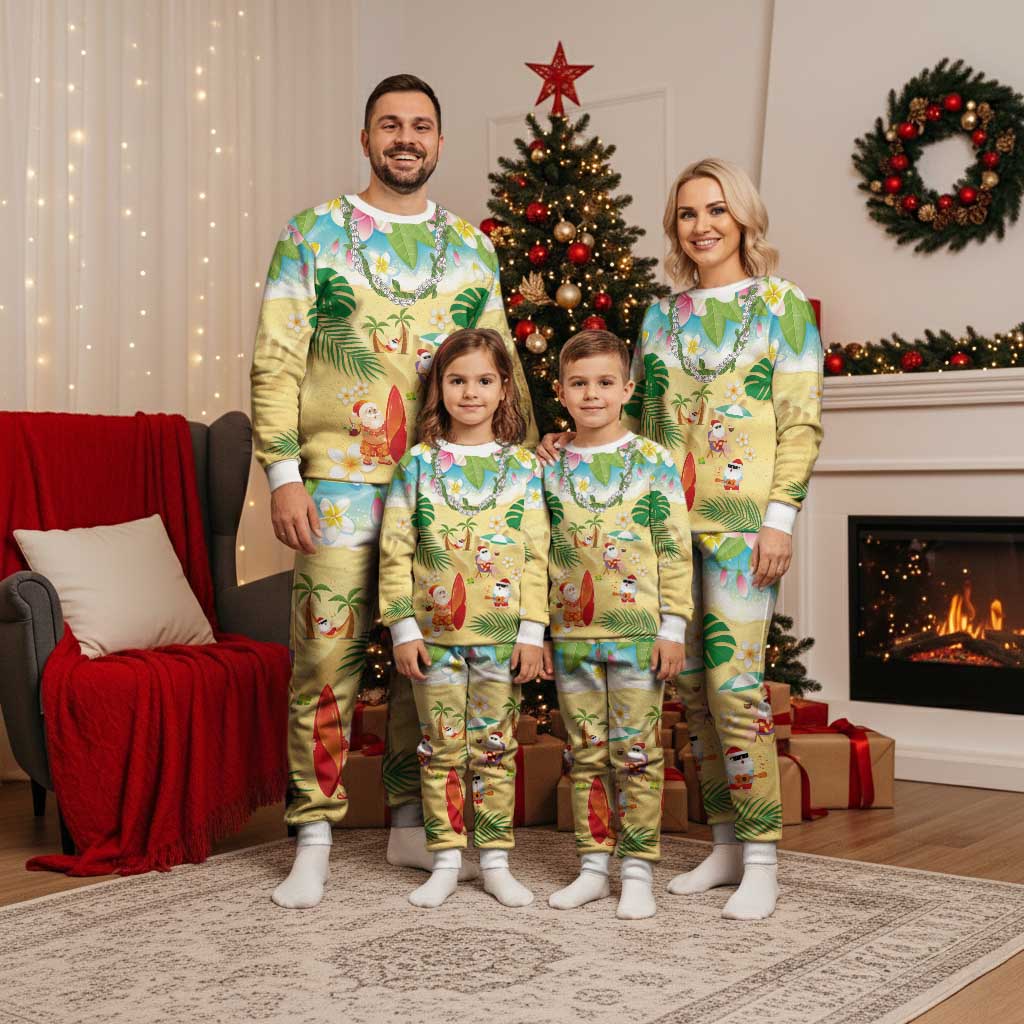 Hawaiian Mele Kalikimaka Christmas Pajama Set Funny Santa Claus on Beach with Tropical Plants and Lei - Polynesian Pride