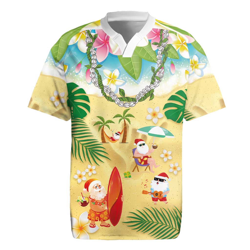 Hawaiian Mele Kalikimaka Rugby Jersey Tropical Plumeria and Lei Funny Santa Beach - Polynesian Pride