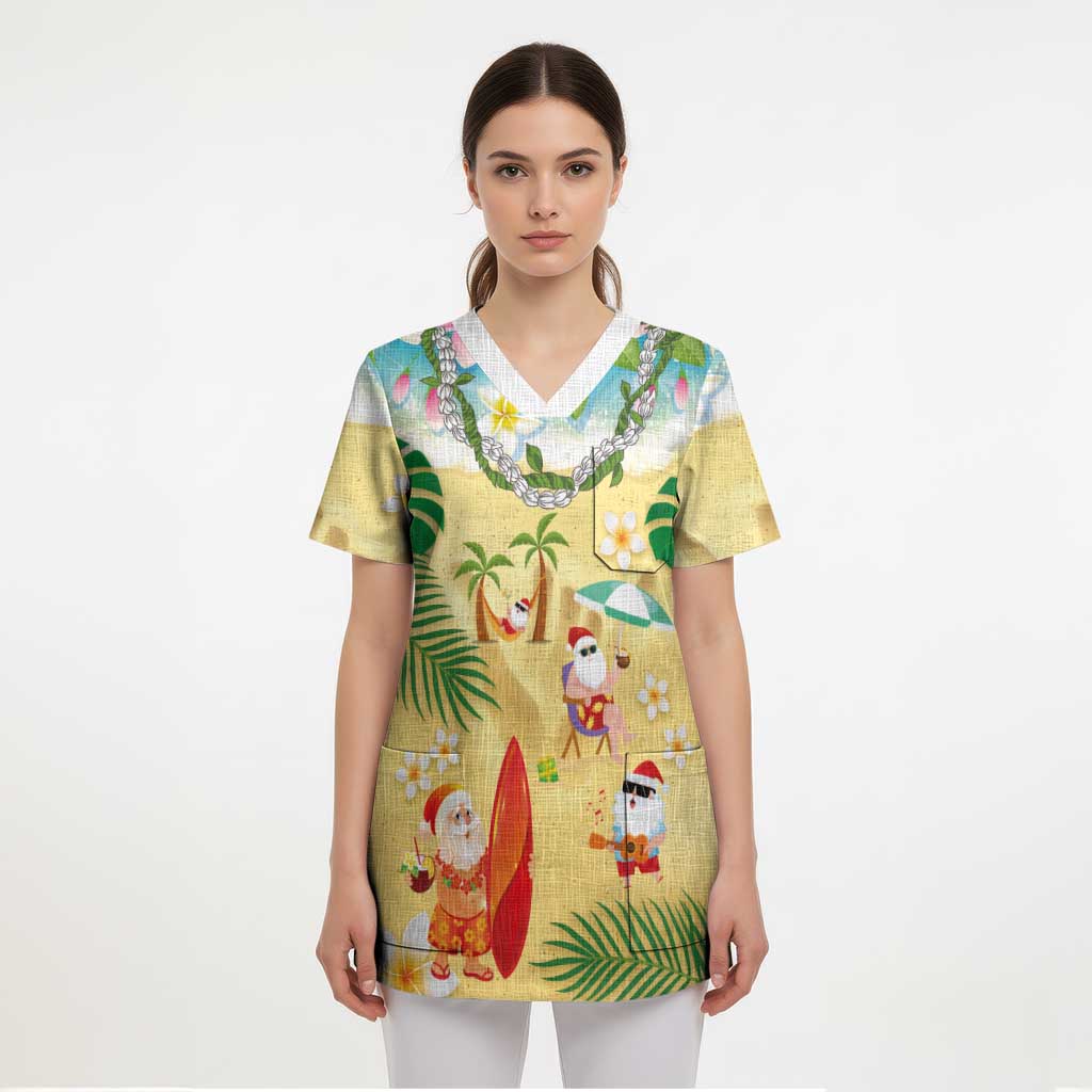 Hawaiian Mele Kalikimaka Scrub Top Tropical Plumeria and Lei Funny Santa Beach - Polynesian Pride