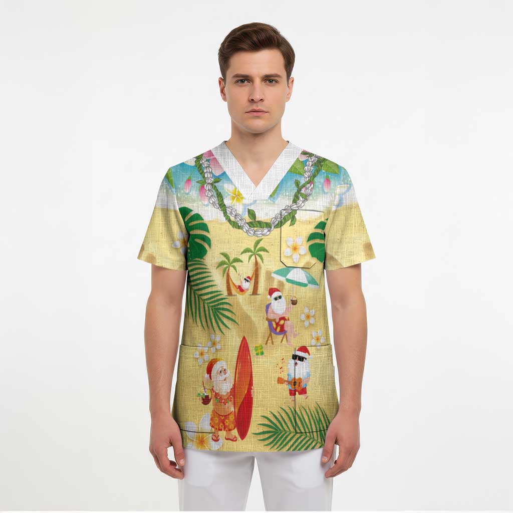 Hawaiian Mele Kalikimaka Scrub Top Tropical Plumeria and Lei Funny Santa Beach - Polynesian Pride