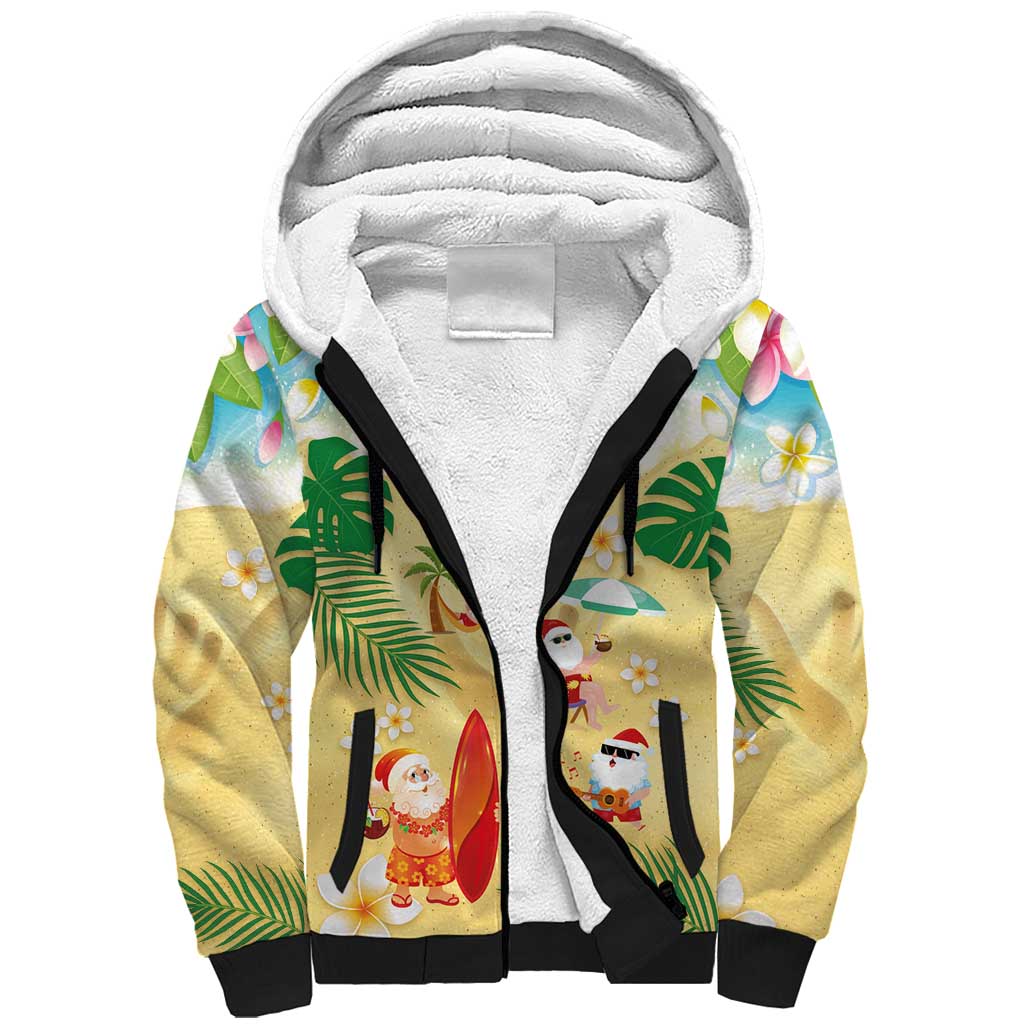 Hawaiian Mele Kalikimaka Sherpa Hoodie Tropical Plumeria and Lei Funny Santa Beach - Polynesian Pride