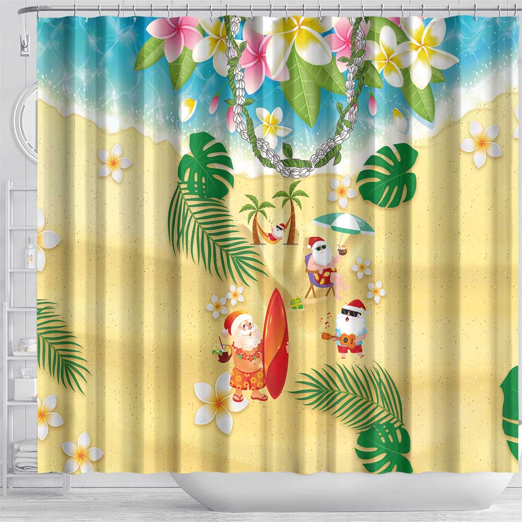 Hawaiian Mele Kalikimaka Shower Curtain Tropical Plumeria and Lei Funny Santa Beach - Polynesian Pride