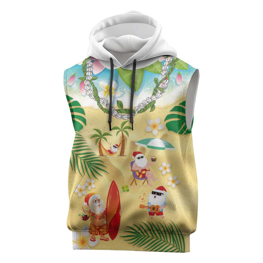 Hawaiian Mele Kalikimaka Sleeveless Hoodie Tropical Plumeria and Lei Funny Santa Beach - Polynesian Pride