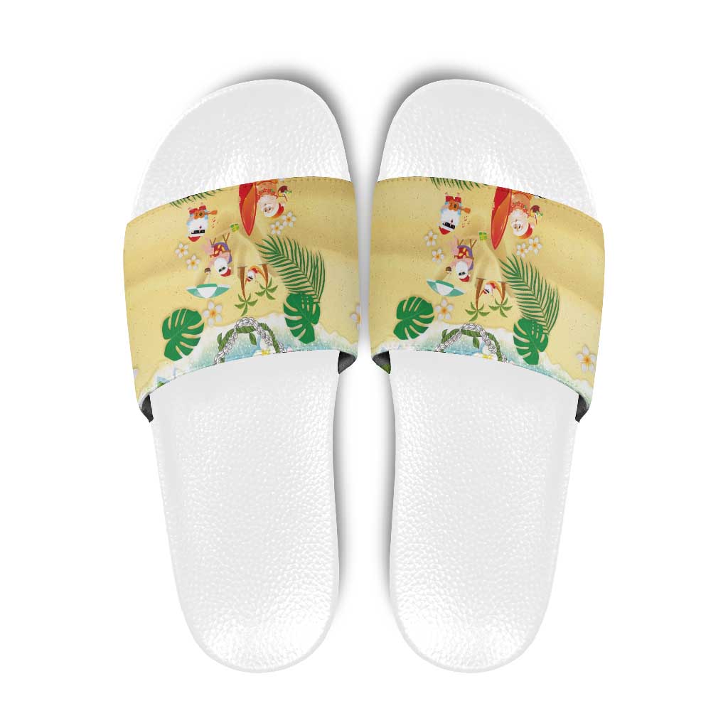 Hawaiian Mele Kalikimaka Slide Sandals Tropical Plumeria and Lei Funny Santa Beach - Polynesian Pride