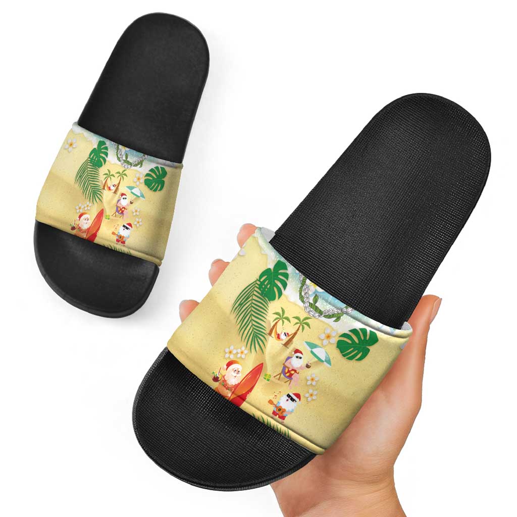 Hawaiian Mele Kalikimaka Slide Sandals Tropical Plumeria and Lei Funny Santa Beach - Polynesian Pride