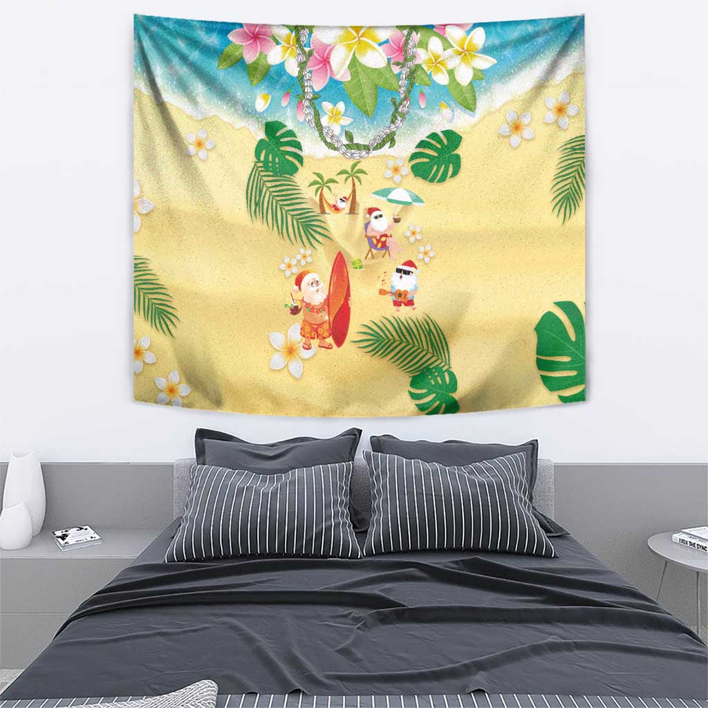 Hawaiian Mele Kalikimaka Tapestry Tropical Plumeria and Lei Funny Santa Beach - Polynesian Pride
