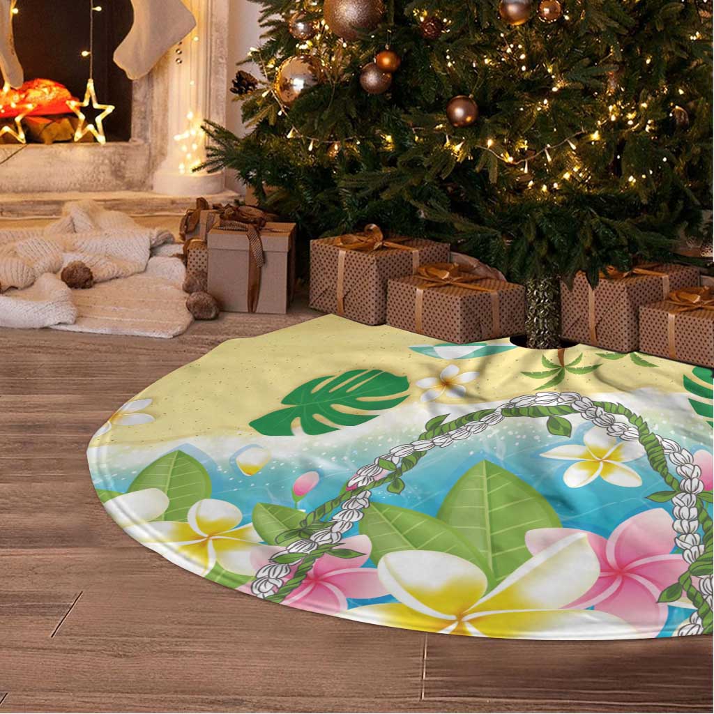 Hawaiian Mele Kalikimaka Tree Skirt Funny Santa Claus on Beach with Tropical Plants and Lei - Polynesian Pride