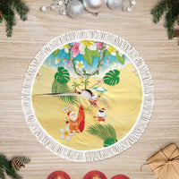 Hawaiian Mele Kalikimaka Tree Skirt Funny Santa Claus on Beach with Tropical Plants and Lei - Polynesian Pride