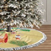 Hawaiian Mele Kalikimaka Tree Skirt Funny Santa Claus on Beach with Tropical Plants and Lei - Polynesian Pride