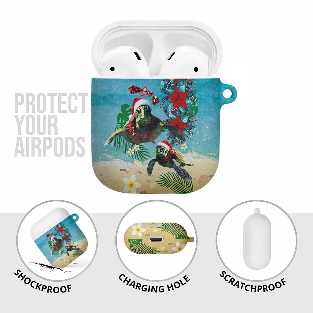 Hawaiian Mele Kalikimaka AirPods Case Tropical Xmas Turtles Red Poinsettia Watercolor - Polynesian Pride