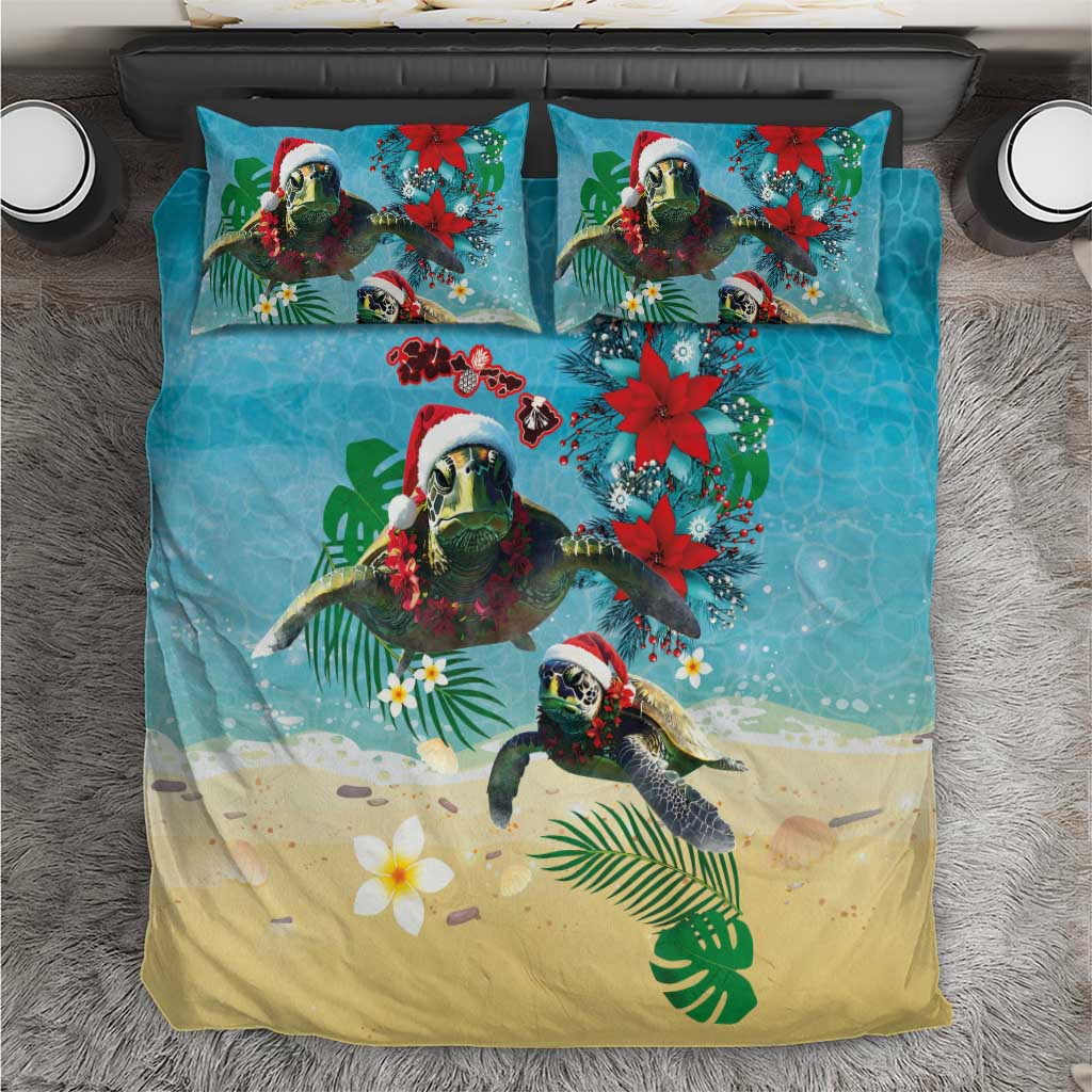 Hawaiian Mele Kalikimaka Bedding Set Tropical Xmas Turtles Red Poinsettia Watercolor - Polynesian Pride