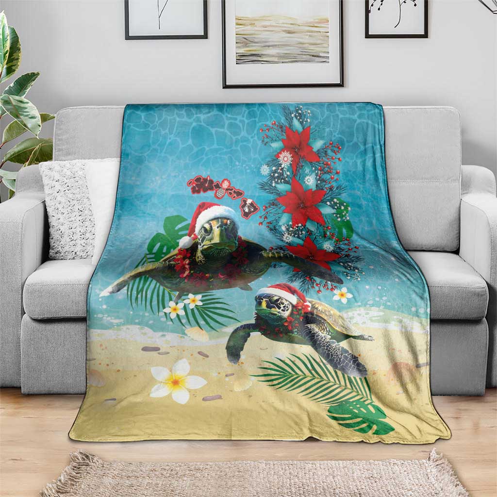 Hawaiian Mele Kalikimaka Blanket Tropical Xmas Turtles Red Poinsettia Watercolor - Polynesian Pride