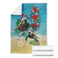 Hawaiian Mele Kalikimaka Blanket Tropical Xmas Turtles Red Poinsettia Watercolor - Polynesian Pride
