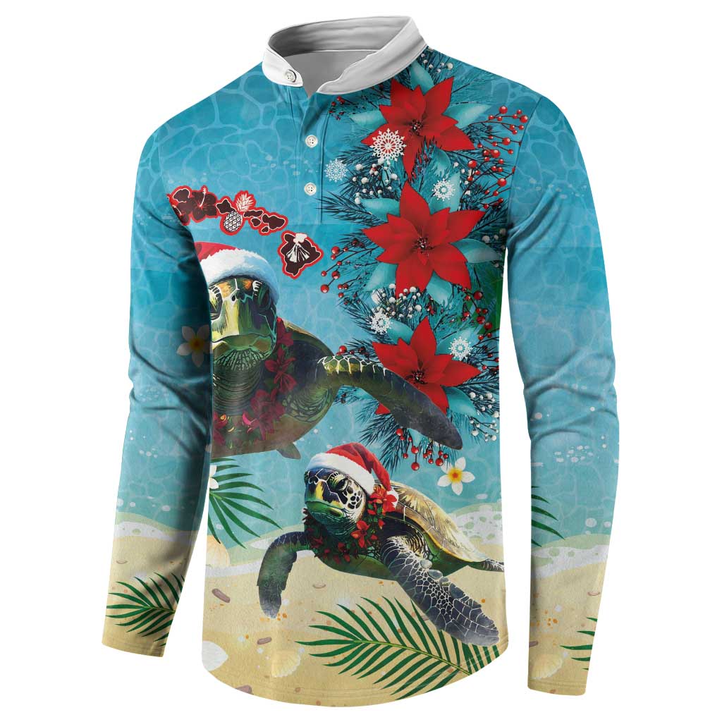 Hawaiian Mele Kalikimaka Button Sweatshirt Tropical Xmas Turtles Red Poinsettia Watercolor - Polynesian Pride