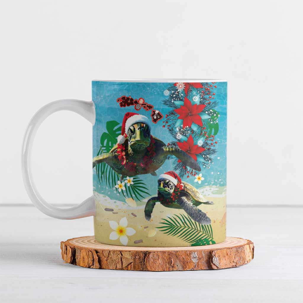Hawaiian Mele Kalikimaka Ceramic Mug Tropical Xmas Turtles Red Poinsettia Watercolor - Polynesian Pride