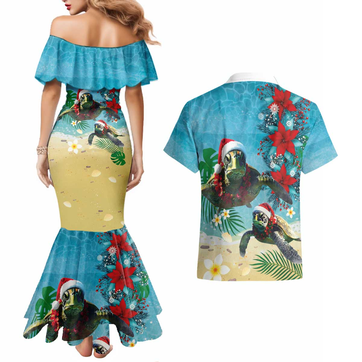 Hawaiian Mele Kalikimaka Couples Matching Mermaid Dress and Hawaiian Shirt Tropical Xmas Turtles Red Poinsettia Watercolor - Polynesian Pride