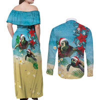 Hawaiian Mele Kalikimaka Couples Matching Off Shoulder Maxi Dress and Long Sleeve Button Shirt Tropical Xmas Turtles Red Poinsettia Watercolor - Polynesian Pride