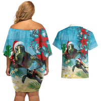 Hawaiian Mele Kalikimaka Couples Matching Off Shoulder Short Dress and Hawaiian Shirt Tropical Xmas Turtles Red Poinsettia Watercolor - Polynesian Pride