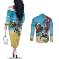Hawaiian Mele Kalikimaka Couples Matching Off The Shoulder Long Sleeve Dress and Long Sleeve Button Shirt Tropical Xmas Turtles Red Poinsettia Watercolor - Polynesian Pride