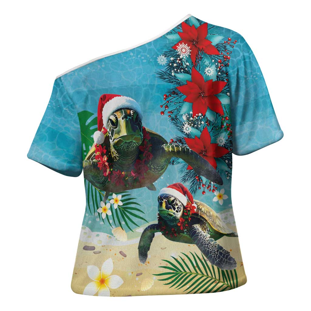 Hawaiian Mele Kalikimaka Cross Shoulder Shirt Tropical Xmas Turtles Red Poinsettia Watercolor - Polynesian Pride
