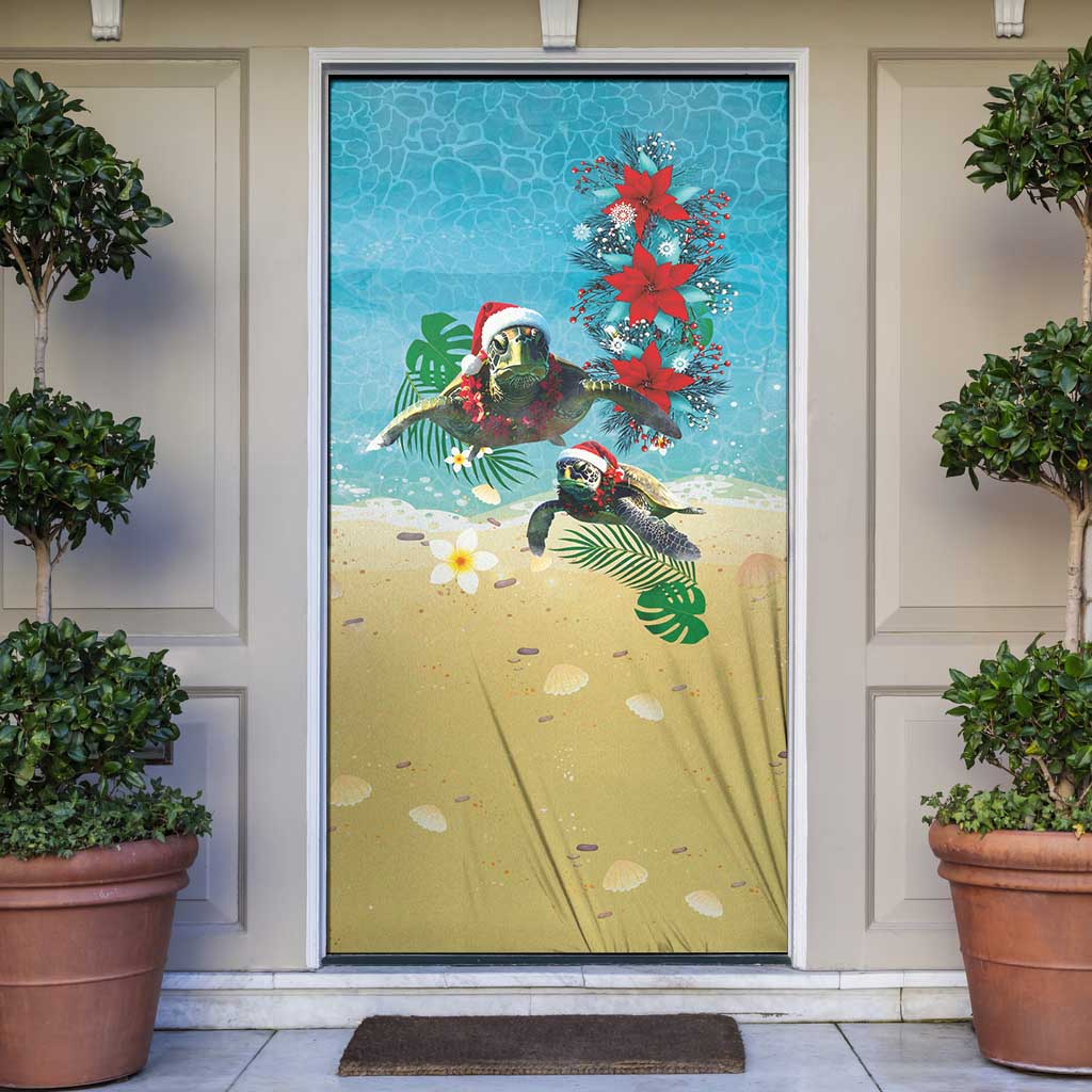 Hawaiian Mele Kalikimaka Door Cover Tropical Xmas Turtles Red Poinsettia Watercolor - Polynesian Pride