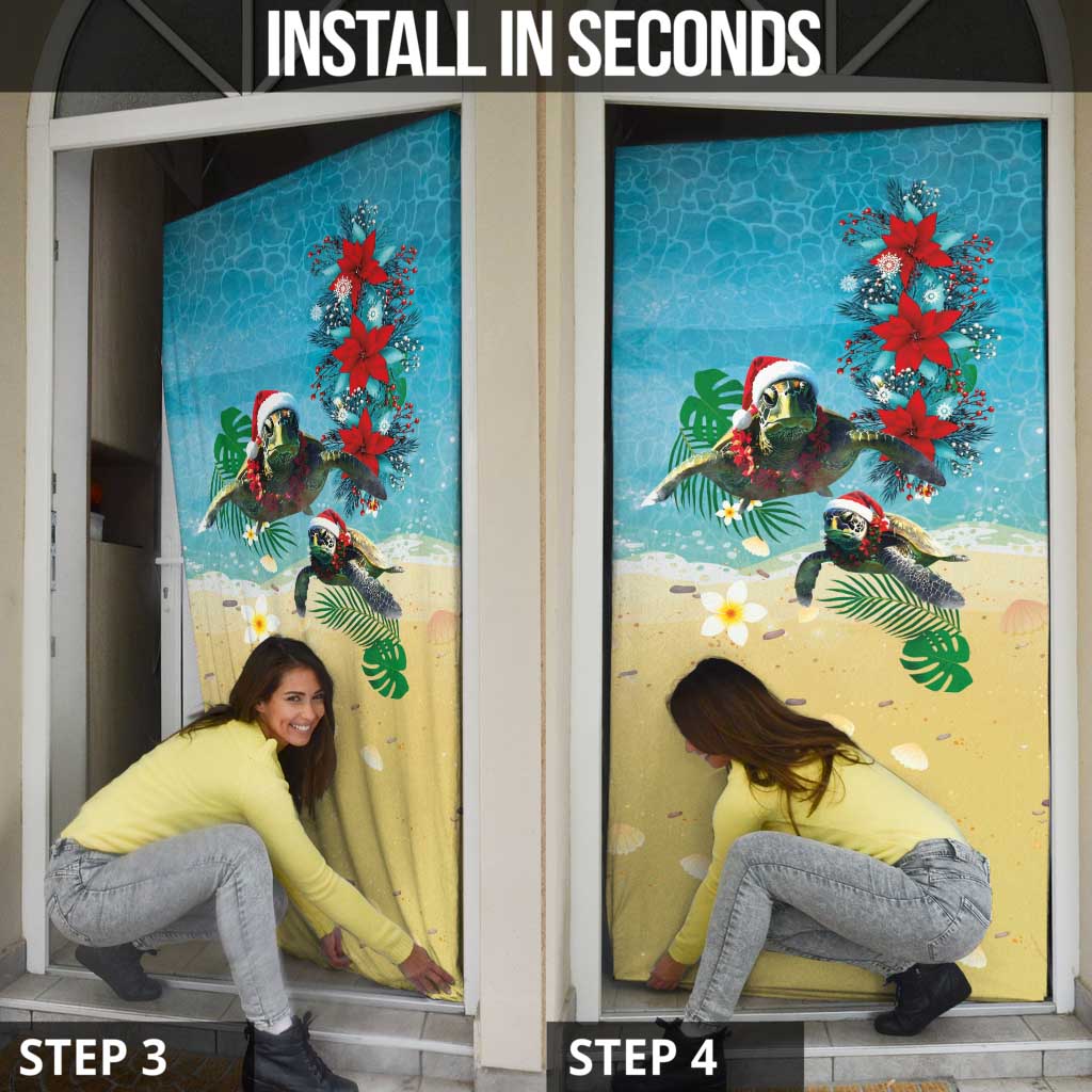 Hawaiian Mele Kalikimaka Door Cover Tropical Xmas Turtles Red Poinsettia Watercolor - Polynesian Pride