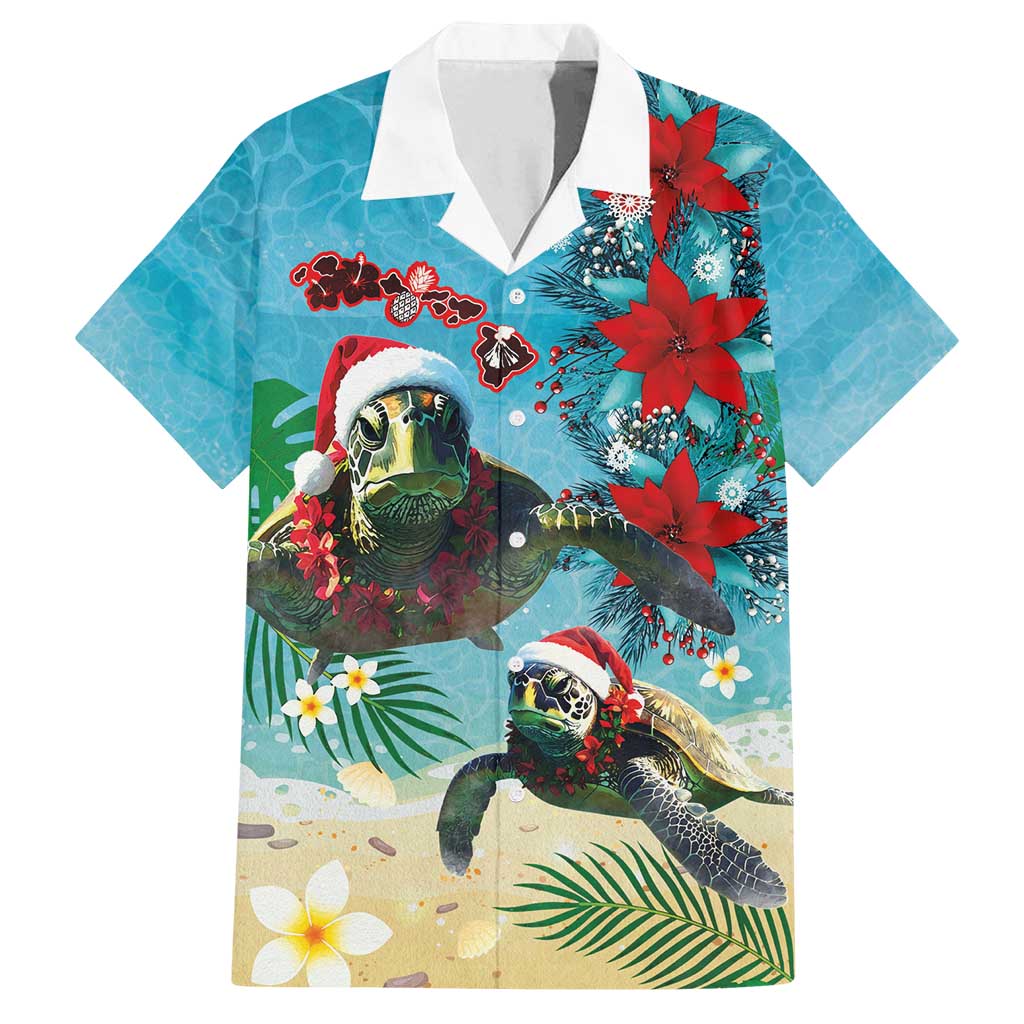 Hawaiian Mele Kalikimaka Family Matching Long Sleeve Bodycon Dress and Hawaiian Shirt Tropical Xmas Turtles Red Poinsettia Watercolor - Polynesian Pride
