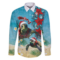 Hawaiian Mele Kalikimaka Family Matching Long Sleeve Bodycon Dress and Hawaiian Shirt Tropical Xmas Turtles Red Poinsettia Watercolor - Polynesian Pride