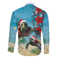Hawaiian Mele Kalikimaka Family Matching Long Sleeve Bodycon Dress and Hawaiian Shirt Tropical Xmas Turtles Red Poinsettia Watercolor - Polynesian Pride