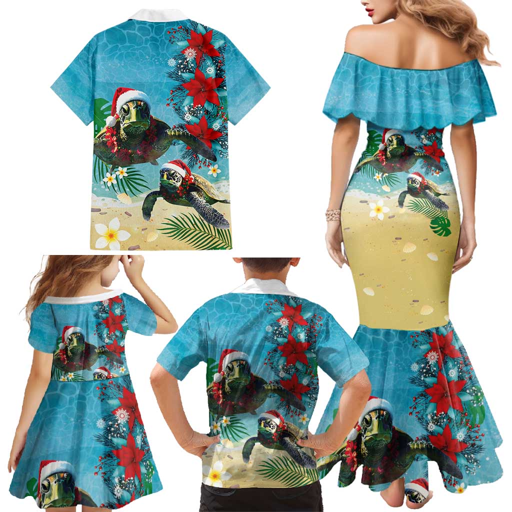 Hawaiian Mele Kalikimaka Family Matching Mermaid Dress and Hawaiian Shirt Tropical Xmas Turtles Red Poinsettia Watercolor - Polynesian Pride